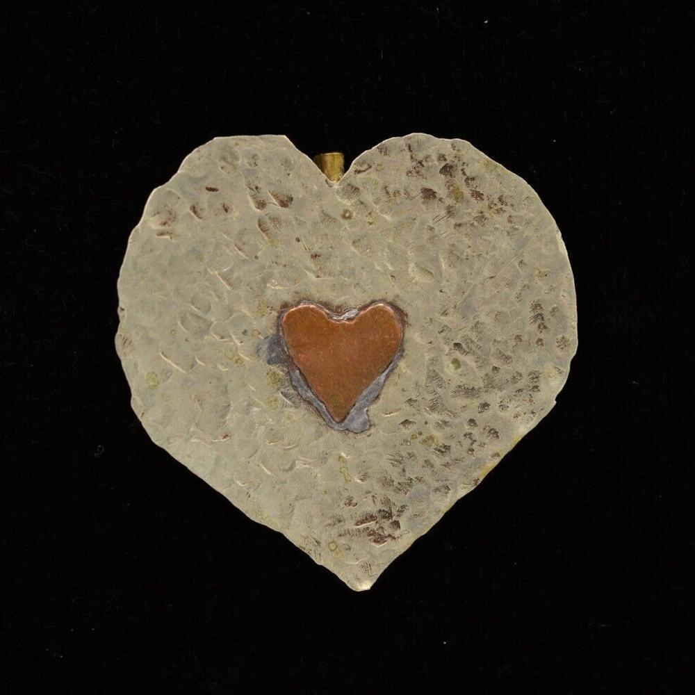 Vintage Handcrafted Heart Pin Brooch Pewter Metal Copper Unique 1970s BinJ